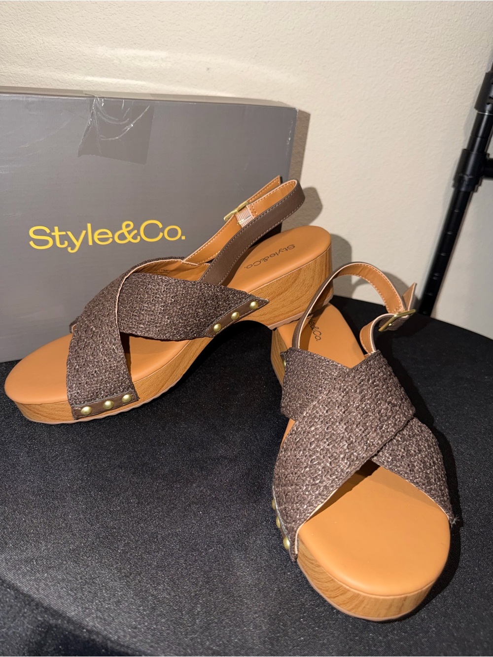 Style & Co. Brown Woven Crossband Wedge Sandals